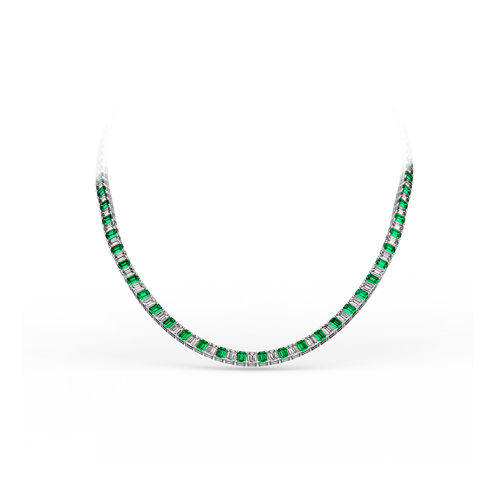 Emerald Gem and Diamond Necklace in White Gold